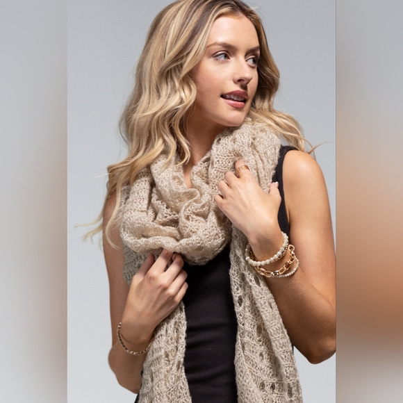 Oatmeal Soft Comfy Open Knit Scarf w/ Eyelet Accent & Moderate Stretch - Picture 2 of 5